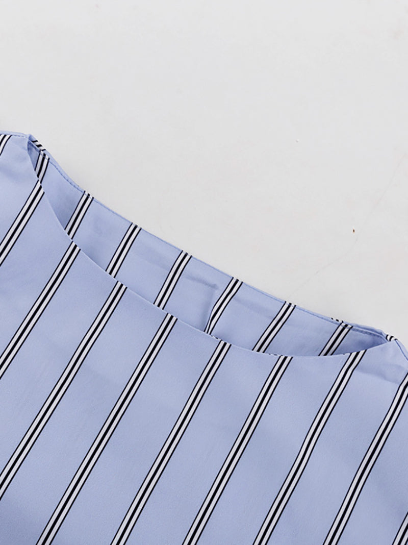 Casual Stripe O-neck Lace-Up Top Long Skirt Set