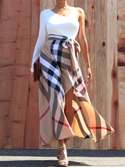 Causal One Shoulder Plaid Print High Waist Slit Dress