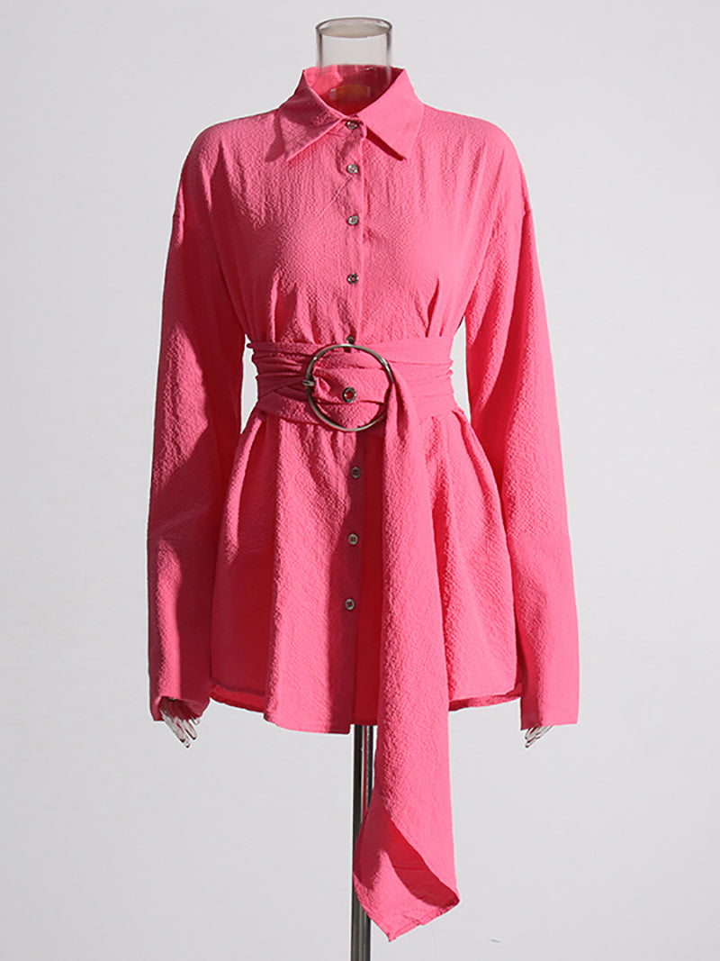 Solid Casual Button Down Patchwork Belt Blouse