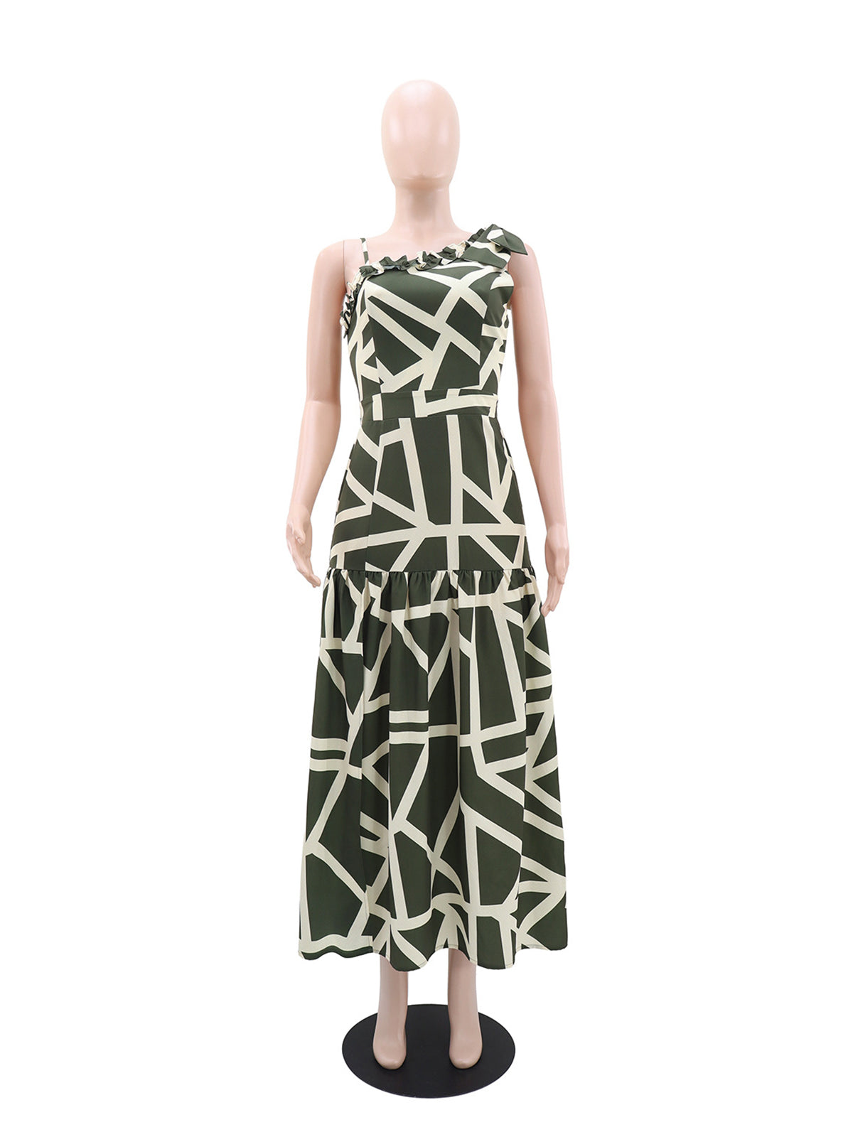 Elegant Asymmetrical Neck Print Ruffles Maxi Dress