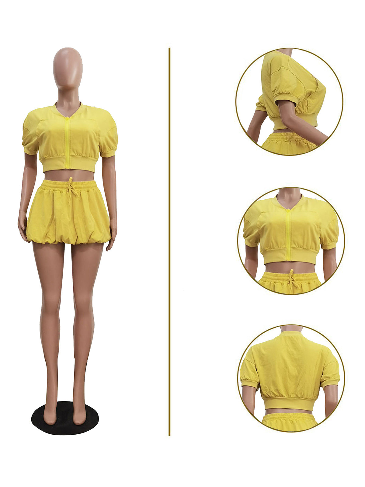 Fashion Zipper Crop Top Bubble Skirt Casual  Set