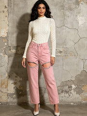 Rhinestone Cutout Wide Leg Jeans