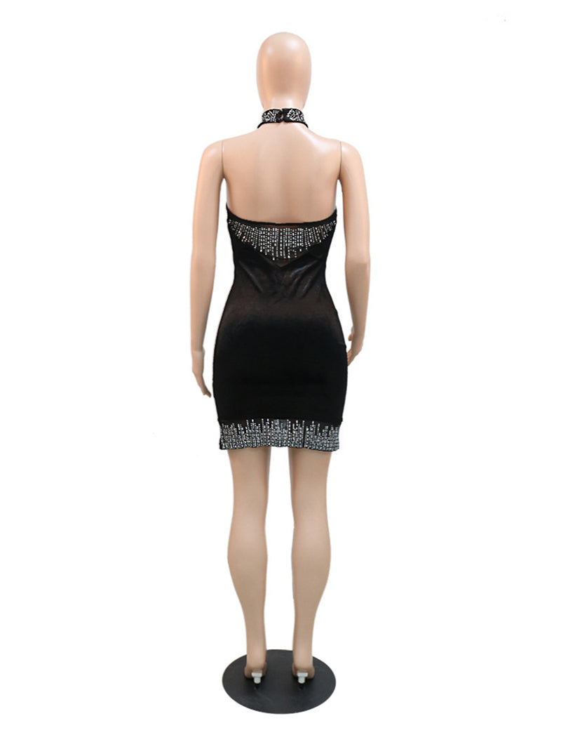 Sleeveless Halter Mesh Sheer Rhinestones Bodycon Dress