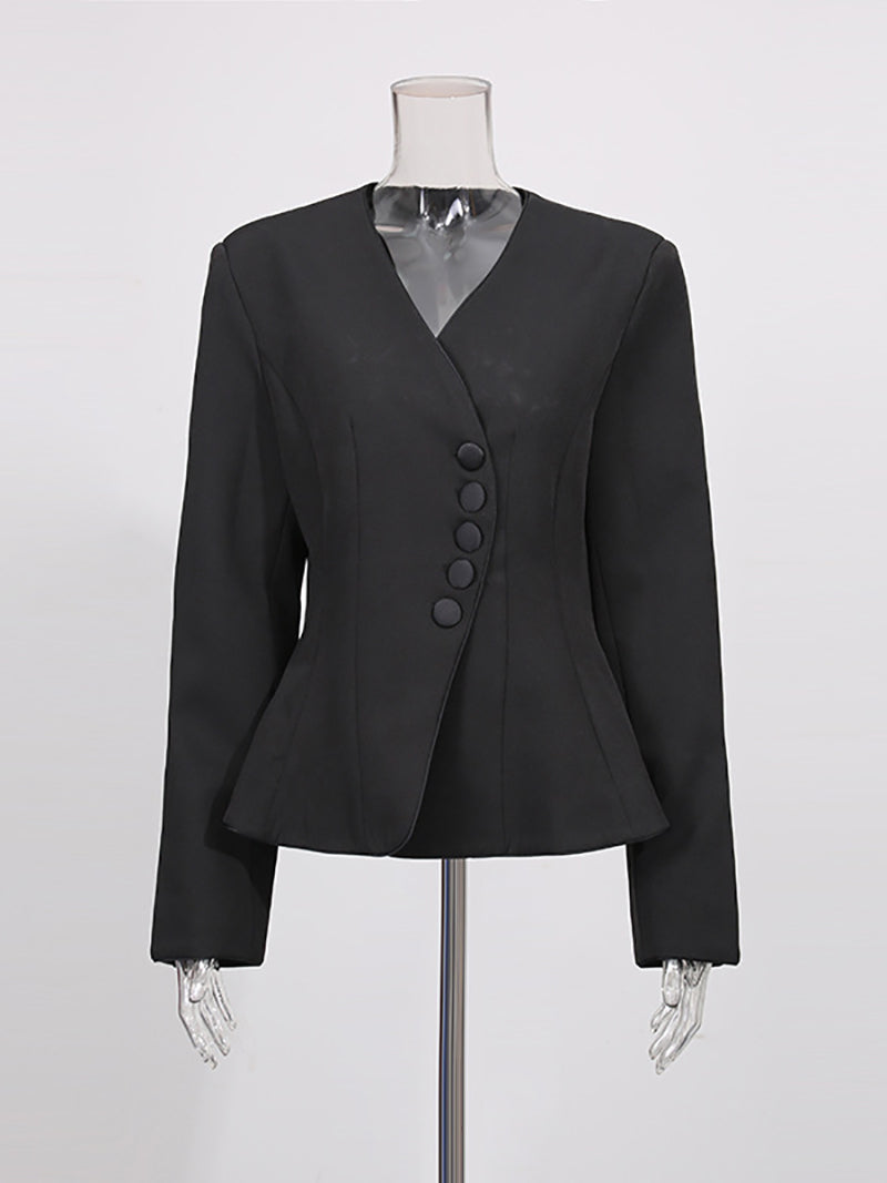 Elegant V Neck Cinched Waist Ruffles Hem Jacket