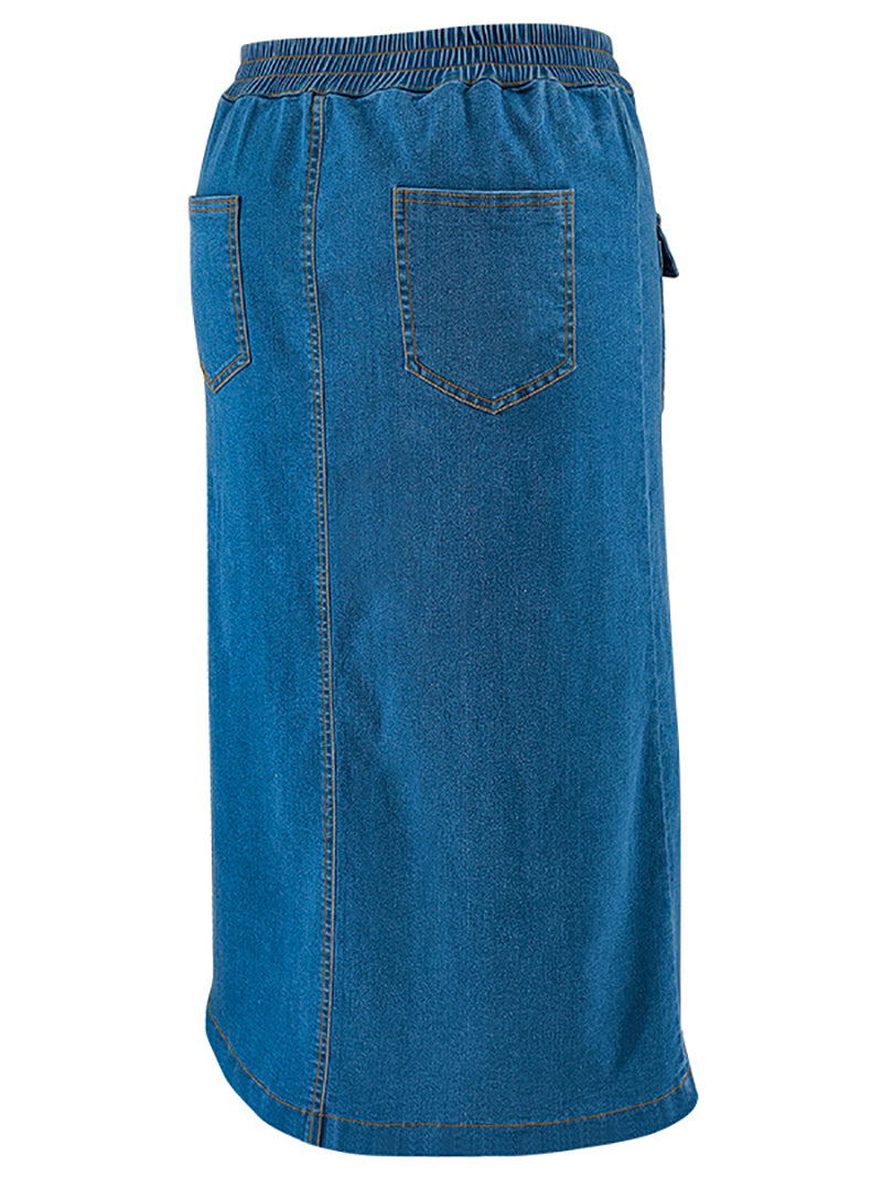 High Waist Button Fly Flap Detail Denim Skirt