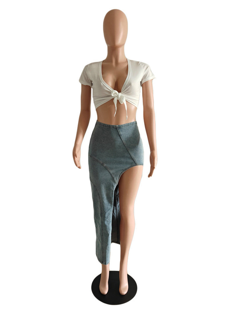 Fashion Irregular High Waist Slit Denim Skirts