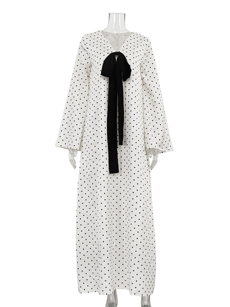 Elegant V Neck Bow Polka Dot Print Loose Maxi Dress