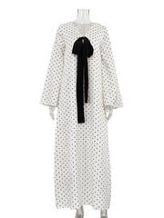 Elegant V Neck Bow Polka Dot Print Loose Maxi Dress
