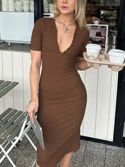 Fashion V-neck Knit Slim Package Hip Midi Dress