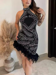 Rhinestone Sleeveless Feather Club Bodycon Mini Dress