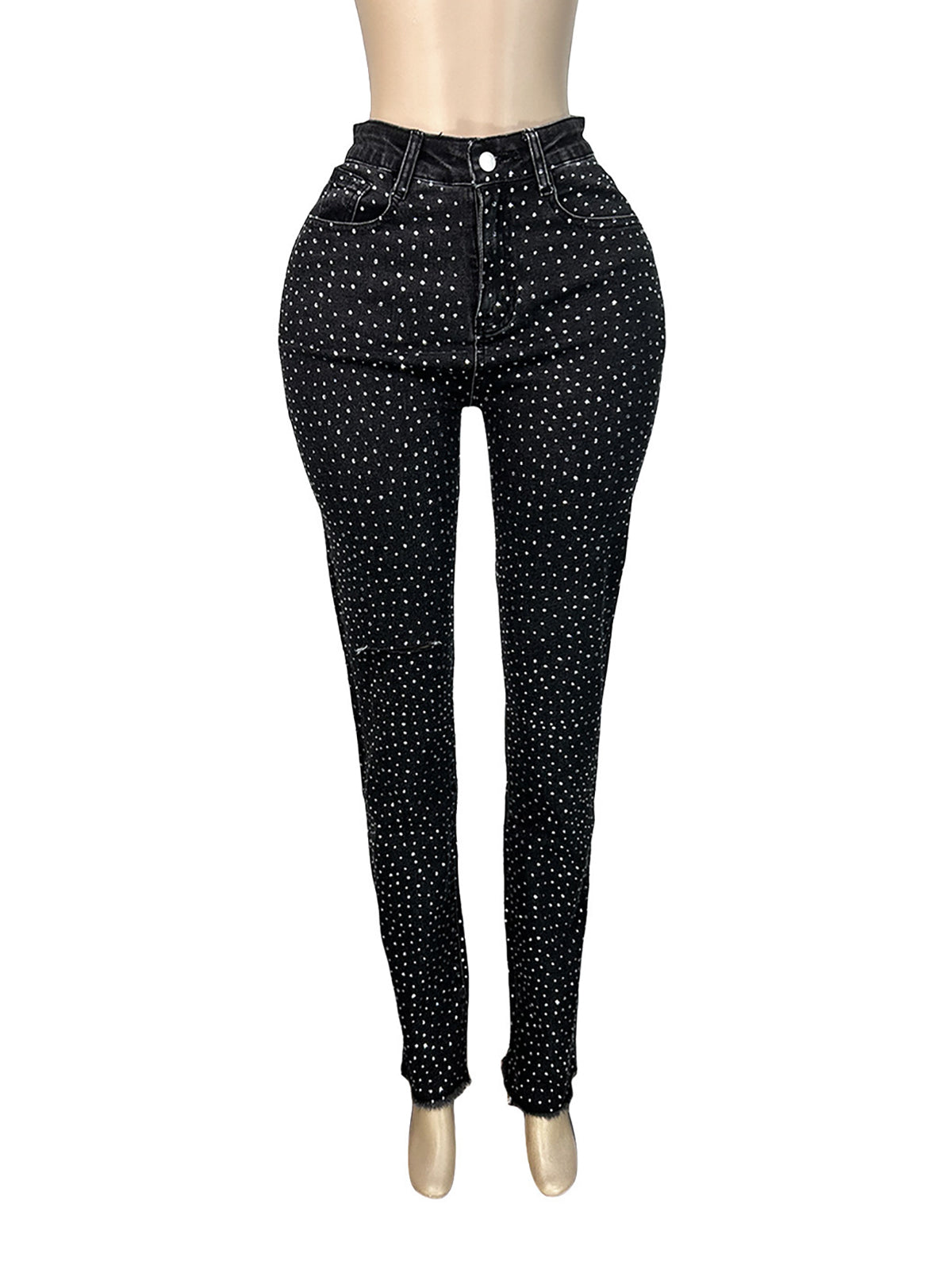 Fashion Rhinestone Embellishment Slim Ripped Jeans