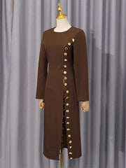 Solid Slimming Spliced Metal Side Button Fashion Dress