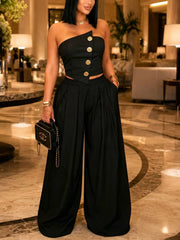 Fashion Asymmetrical Tube Top and Wide Leg Pants Set
