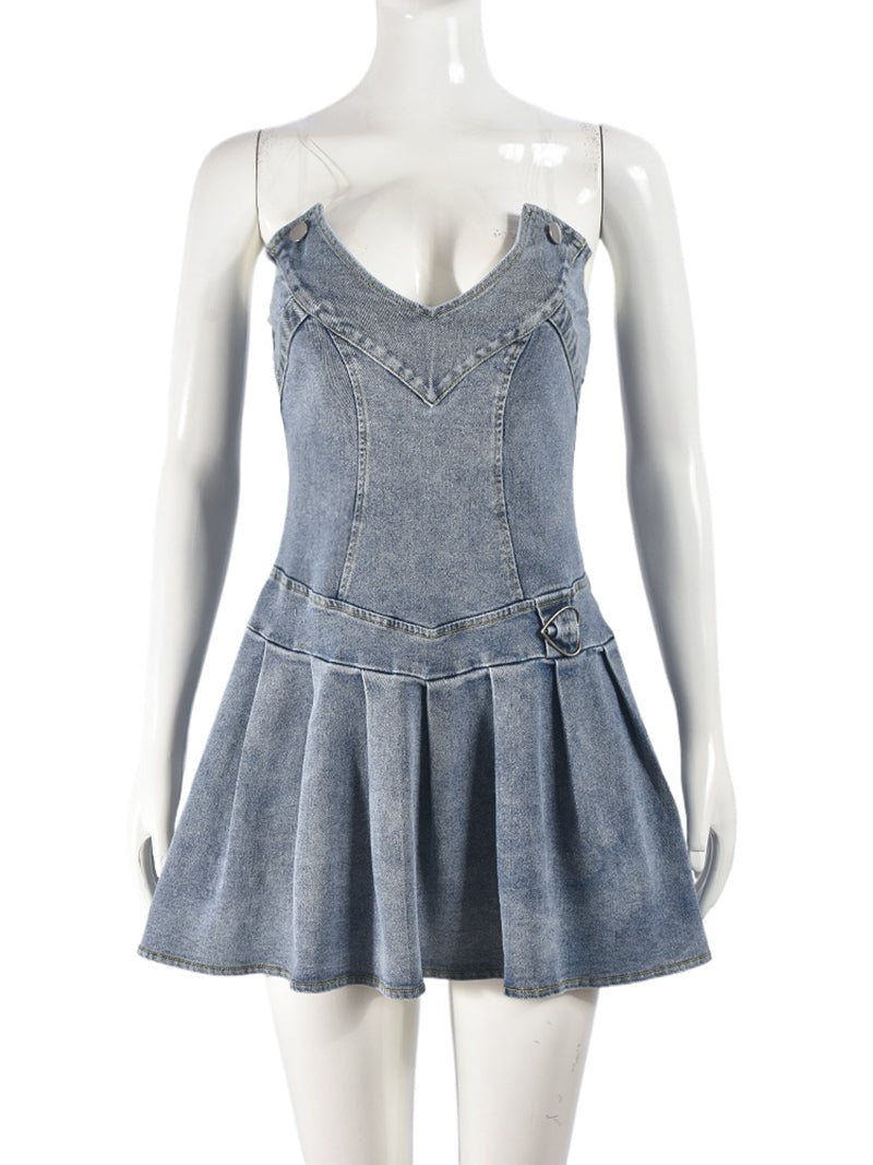 Sexy Strapless Denim Pleated Dress