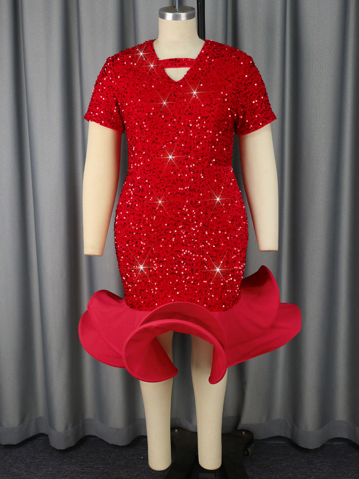 O Neck Long Sleeve Sequin Ruffles Midi Dresses