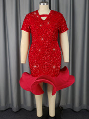 O Neck Long Sleeve Sequin Ruffles Midi Dresses