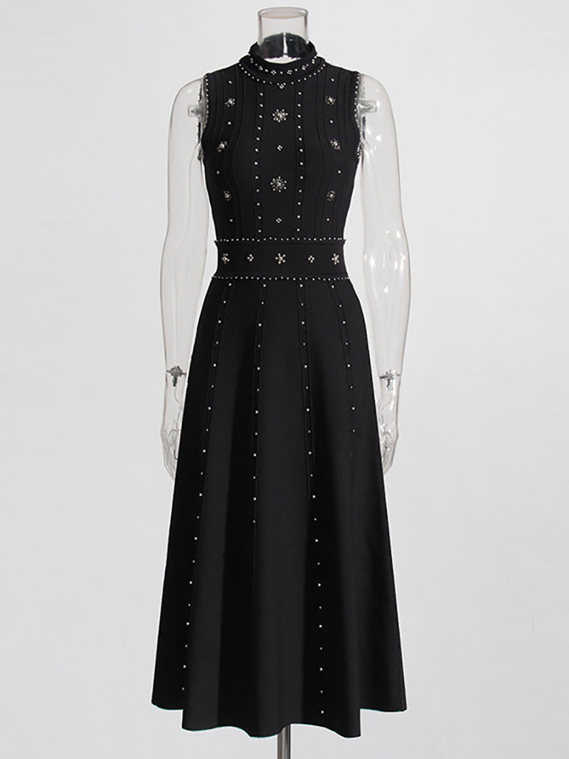 Elegant Sleeveless Crystal-Embellished Midi Dress