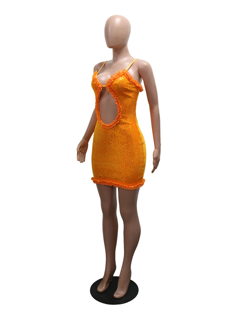 Sexy Ruched Hollow out Sequin Mini Dress