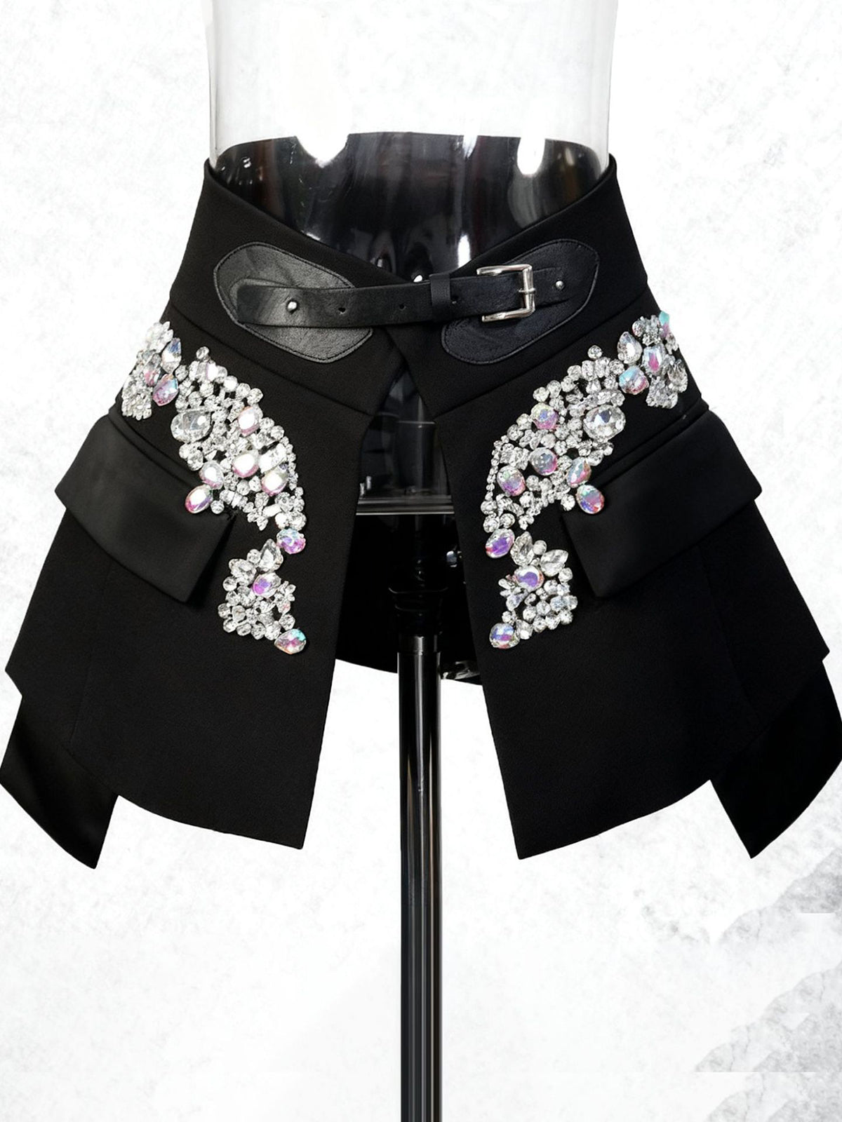Fashion Split Rhinestone Belted High Waist Mini Skirt