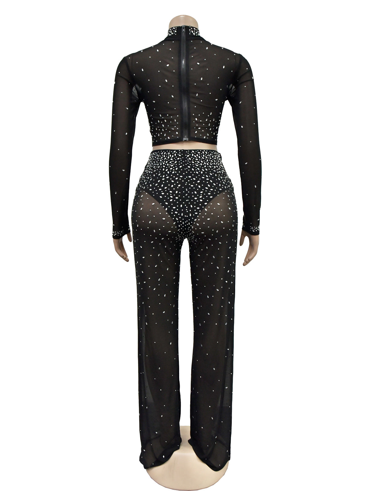 Sexy Sheer Mesh Rhinestone Club Two Piece Set