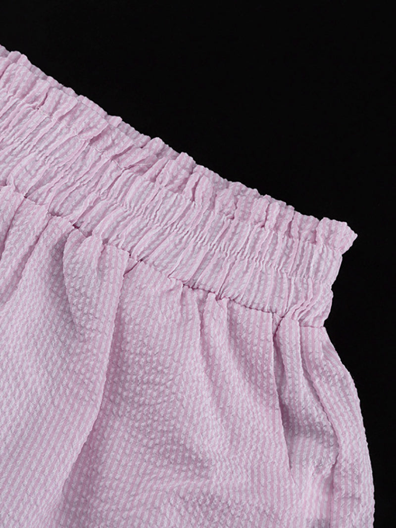 Striped Lapel Bubble Sleeve Ruffle Shorts Set