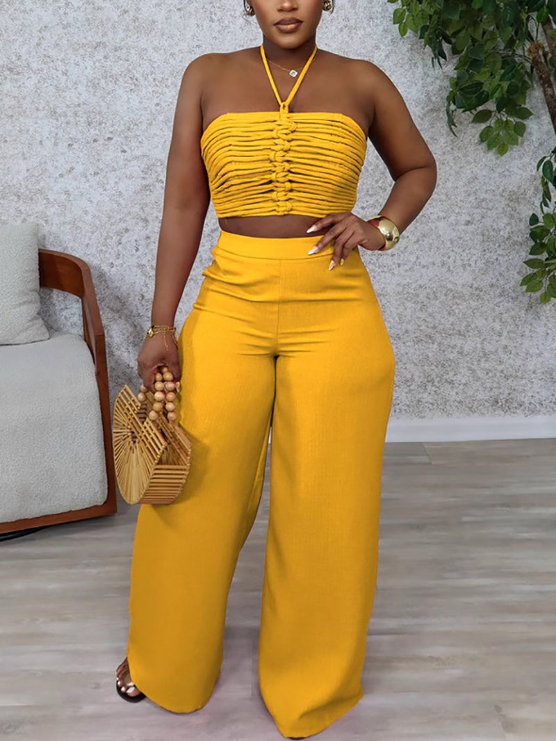 Sexy Halter Crop Tube Top High Waist Wide Leg Pants Set