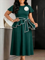 Ruffle Tie Waist Midi Dress with Brooch