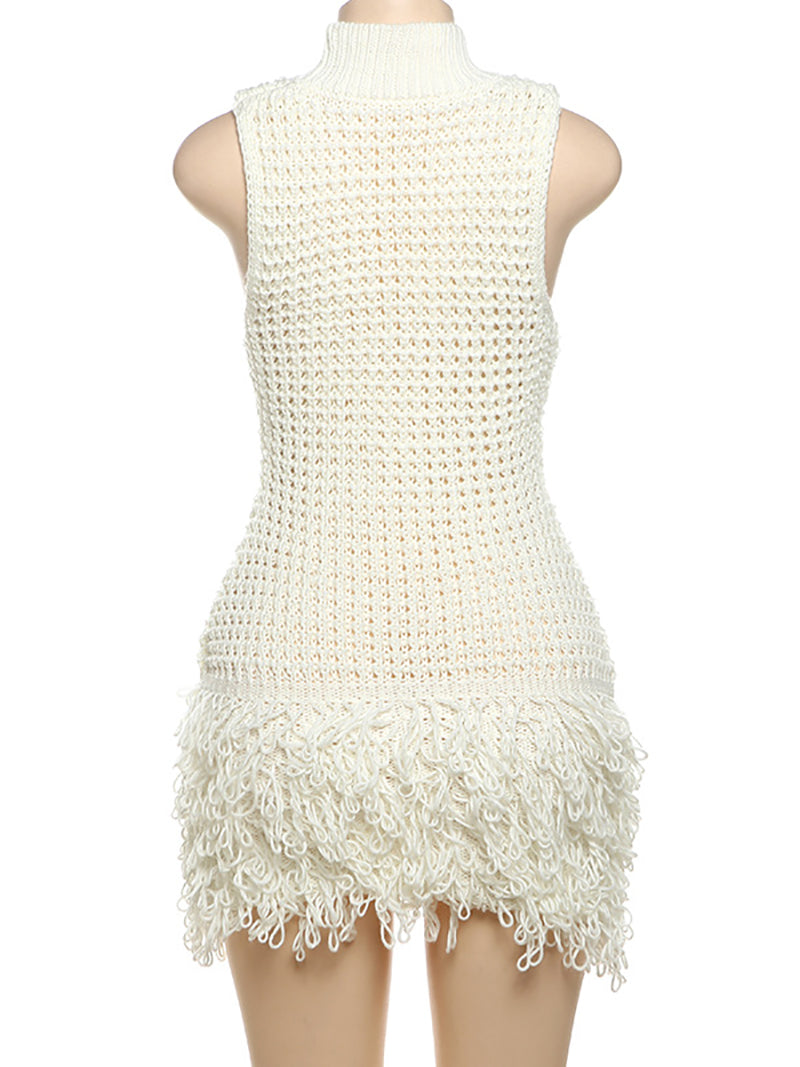 Sexy Sleeveless Fringe Hem Open Knit Sweater Dress