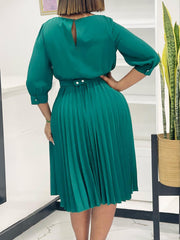 Casual O Neck Patchwork Pleated Midi Dress