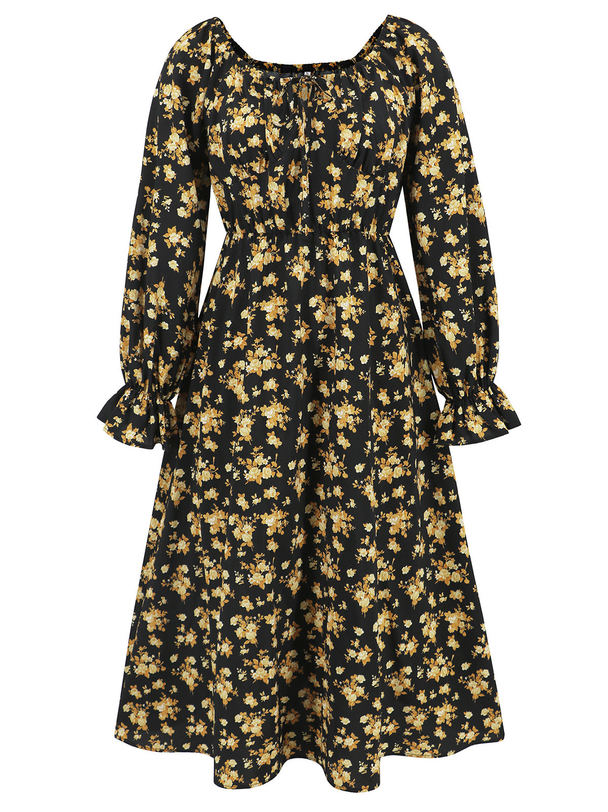 Square Neck Tie-up Long Sleeve Floral Midi Dress