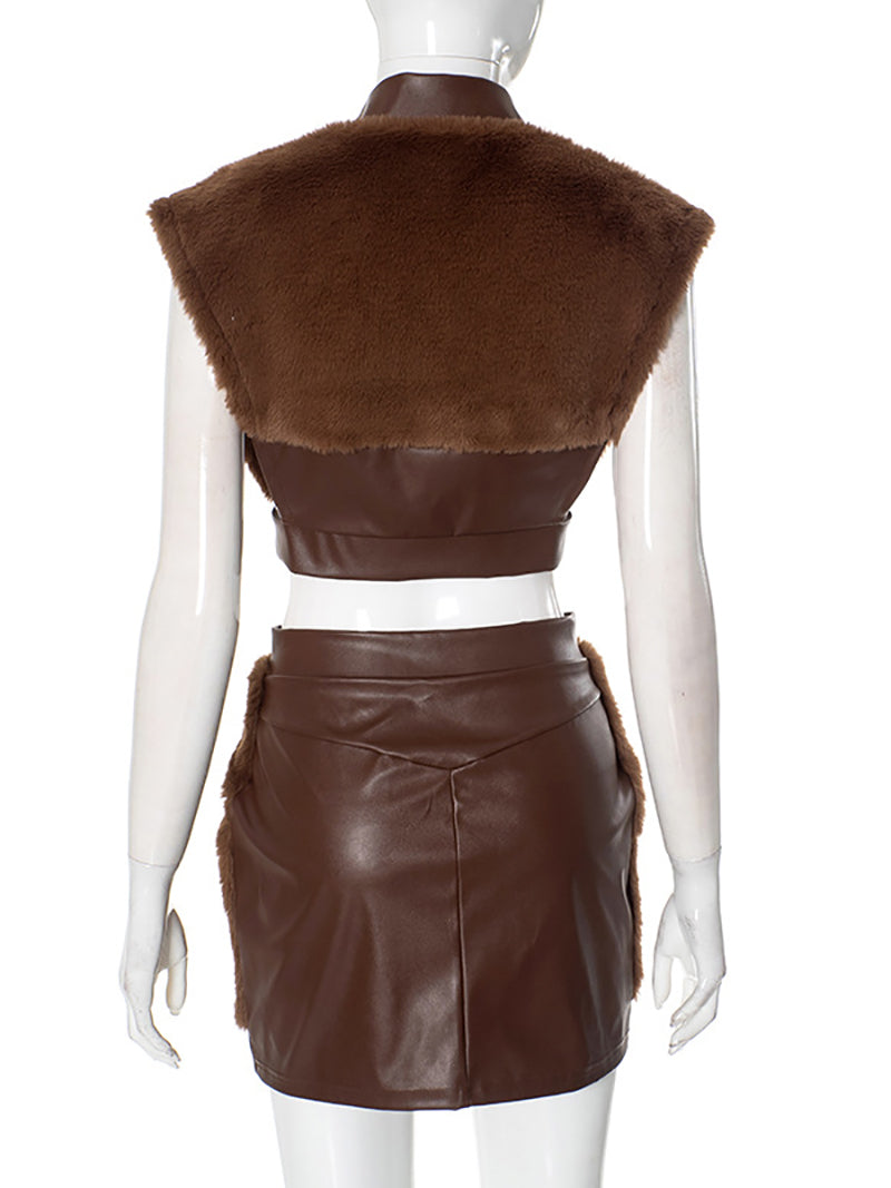 Faux Fur Patchwork Cropped Skirts Sets