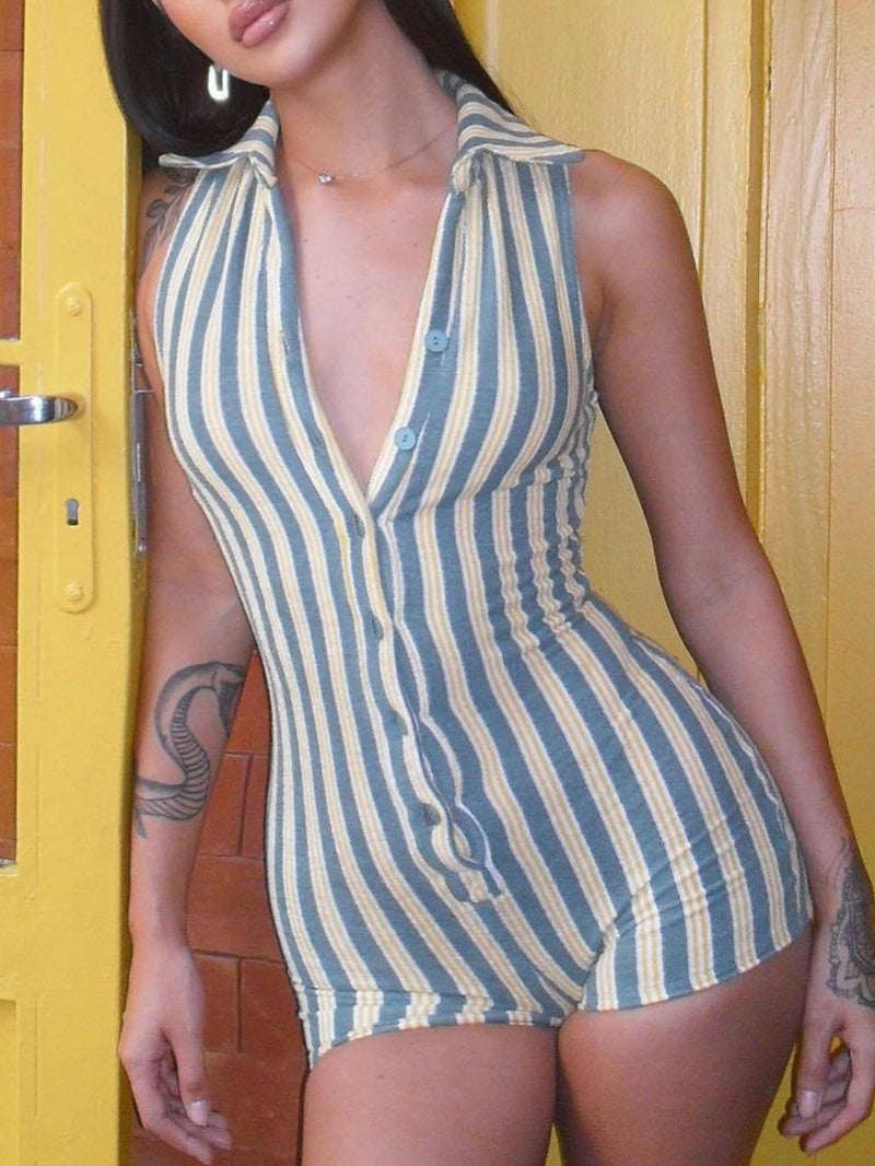 Fashion Stripe Contrast Color Sleeveless Bodycon Romper