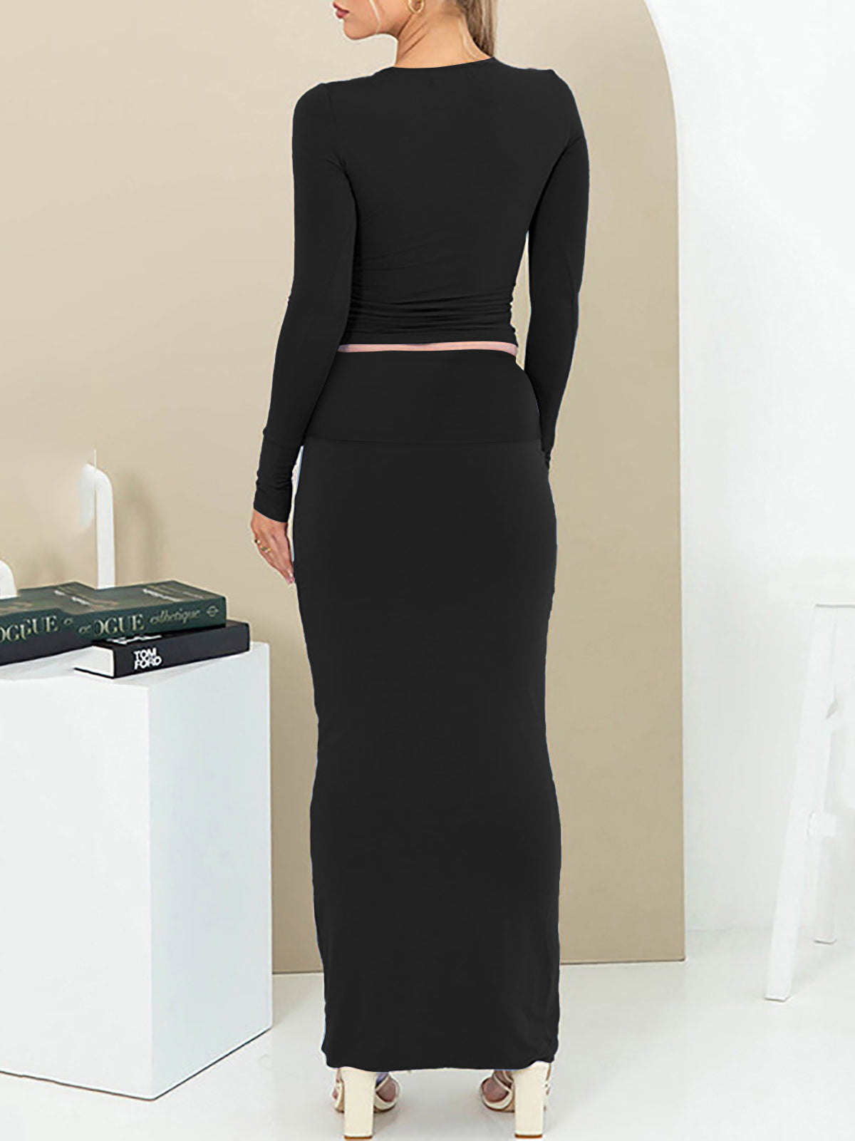 Long Sleeve Bodycon Pullover Top Maxi Skirt Set