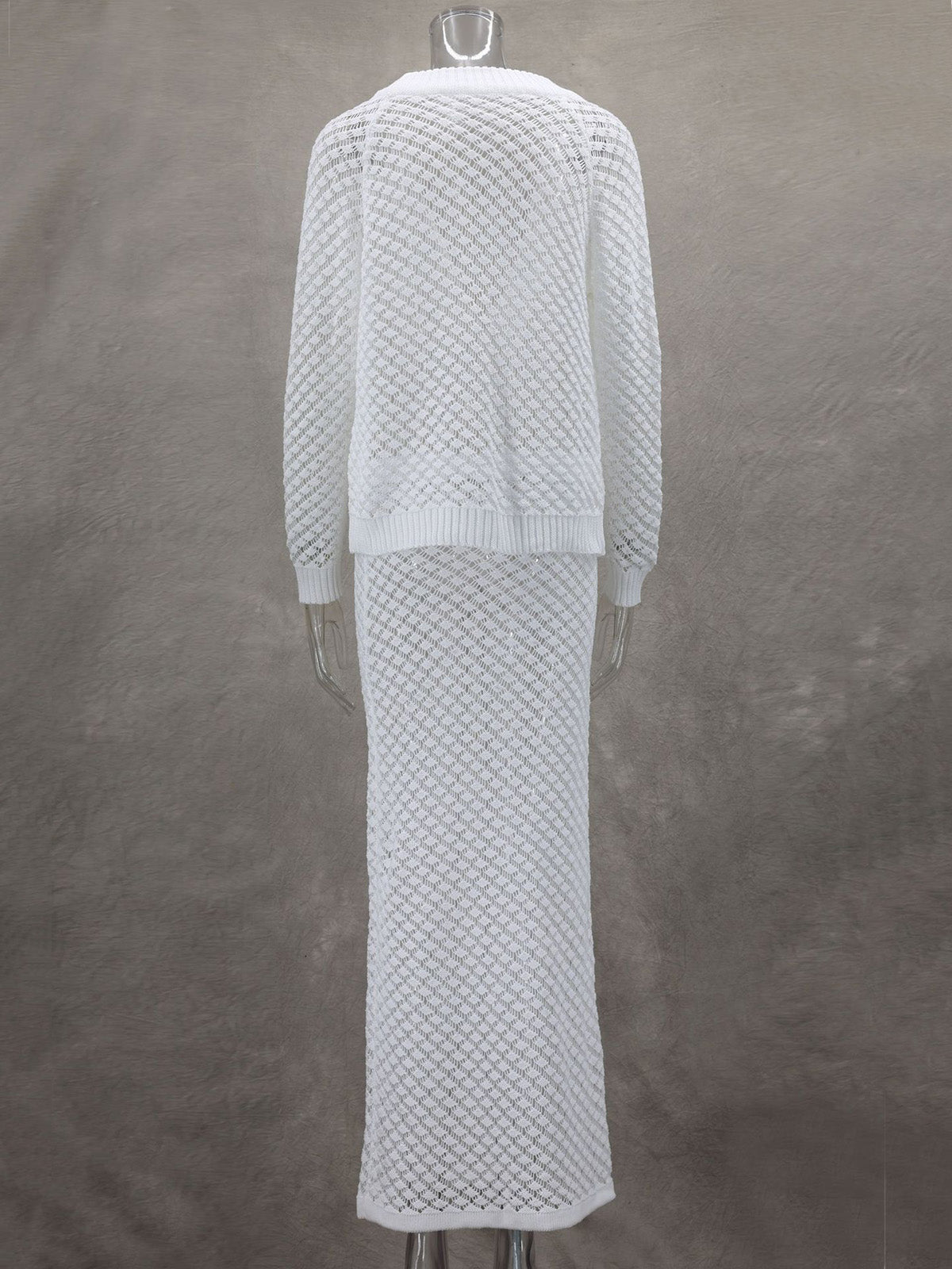 Elegant Slim Knit Hollow Out Cardigan Long Skirts Sets