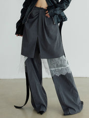 Striped Ruched Split Lace Wide Leg Layered Pants Sets