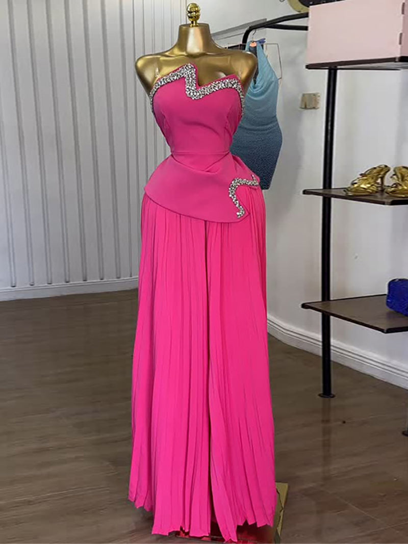 Cinched Waist Tube Tops Pleated Wide Leg Pant Set