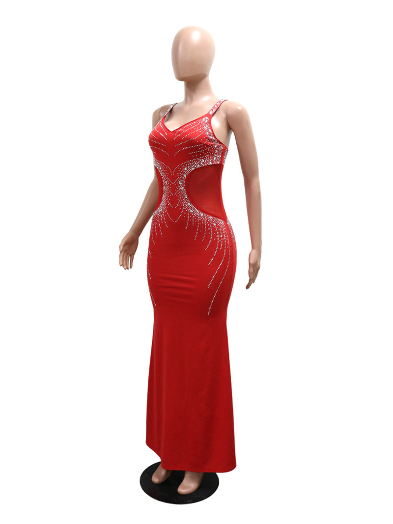 Sexy Rhinestones V Neck Sleeveless Maxi Dress