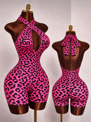Sexy Leopard Print Halter Backless Tie-wrap Rompers