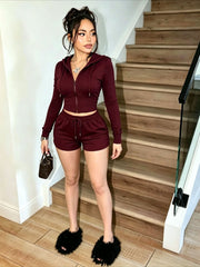 Cropped Zip Hoodie and Drawstring Shorts Set