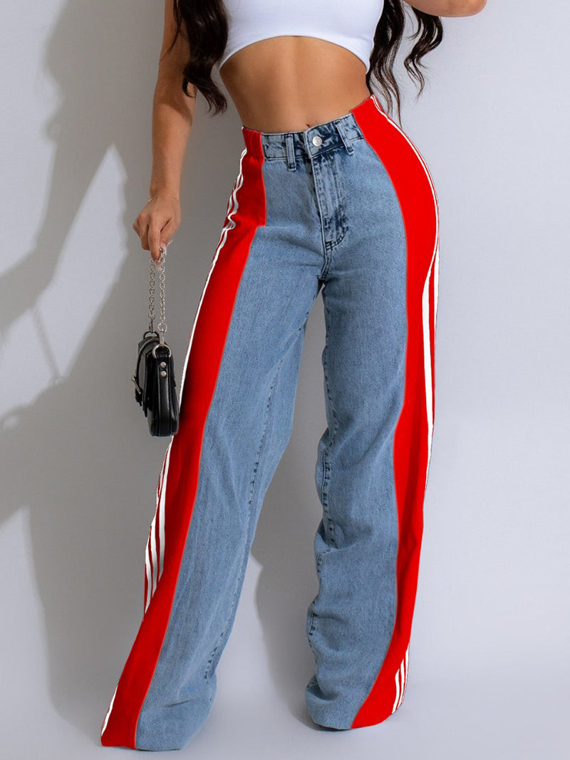 Newest Patchwork Stripe Elastic High Waist Jeans