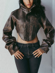 High Collar Corset Waist Faux Leather Jacket