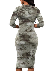 Fashion V-neck Print Bodycon Mid Dress