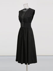 Round Neck Sleeveless Lace Up Cinched Waist Midi Dress