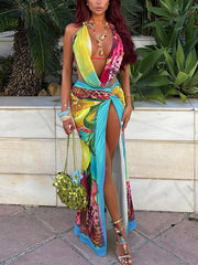 Sexy Print Halter Lace-up High Slit Skirt Two Piece Set