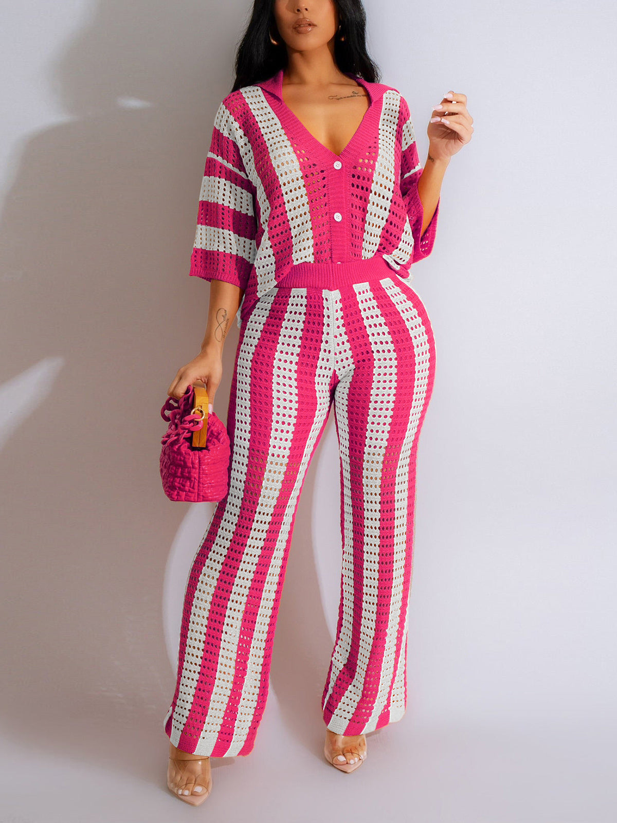 Newest V Neck Hollow out Stripe Knit Two-piece Set