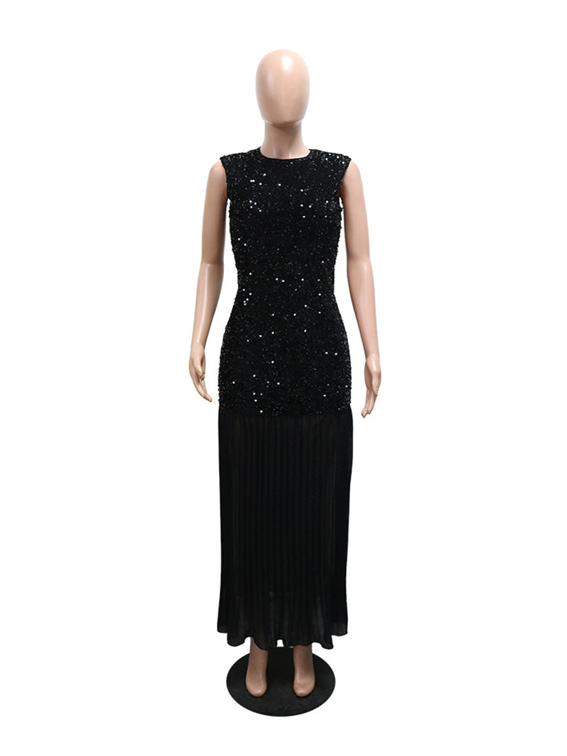 Fashion Round Neck Sequin Patchwork Mesh Maxi Dress