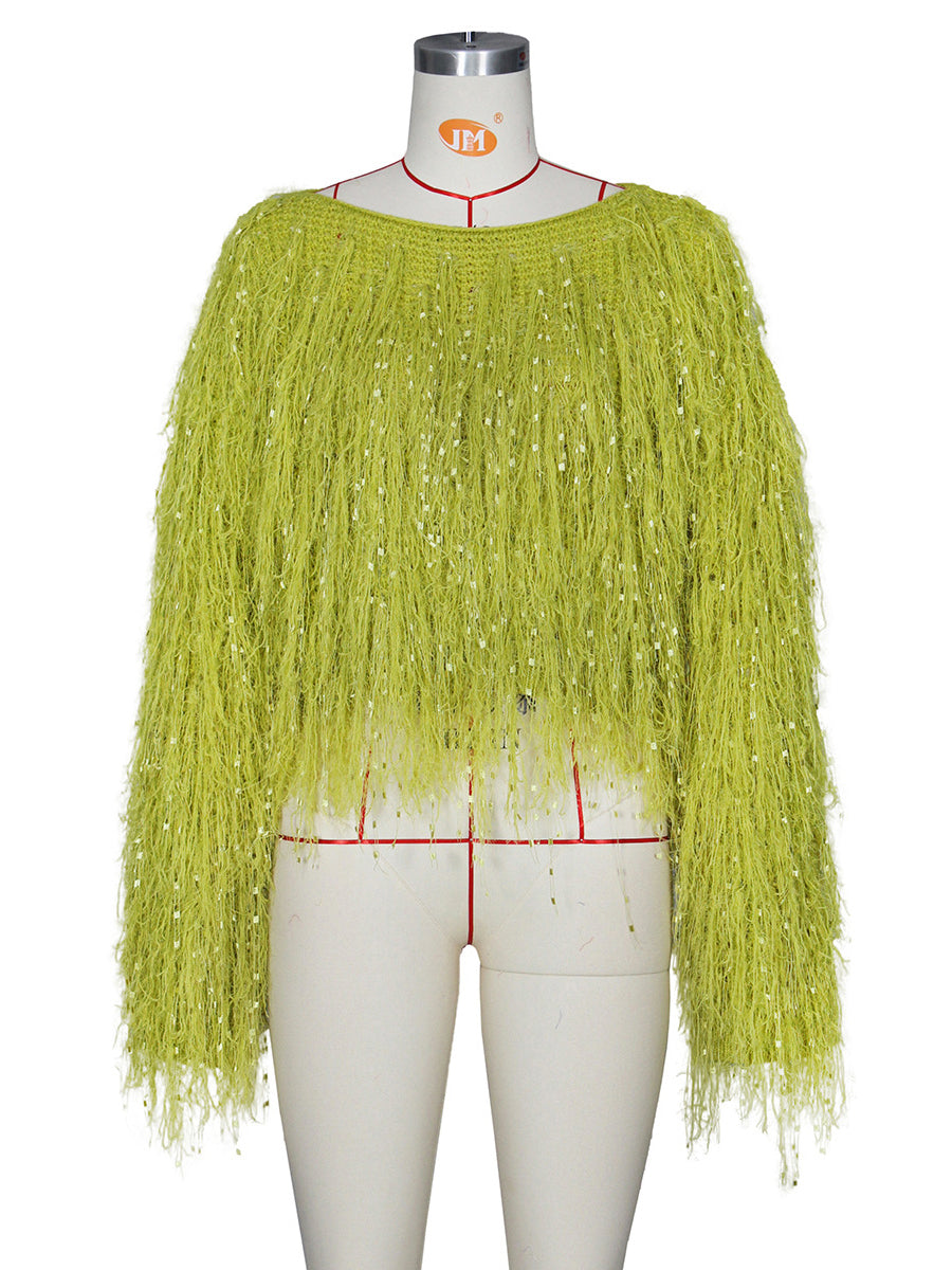 Neon Fringe Knit Casual Pullover Sweater