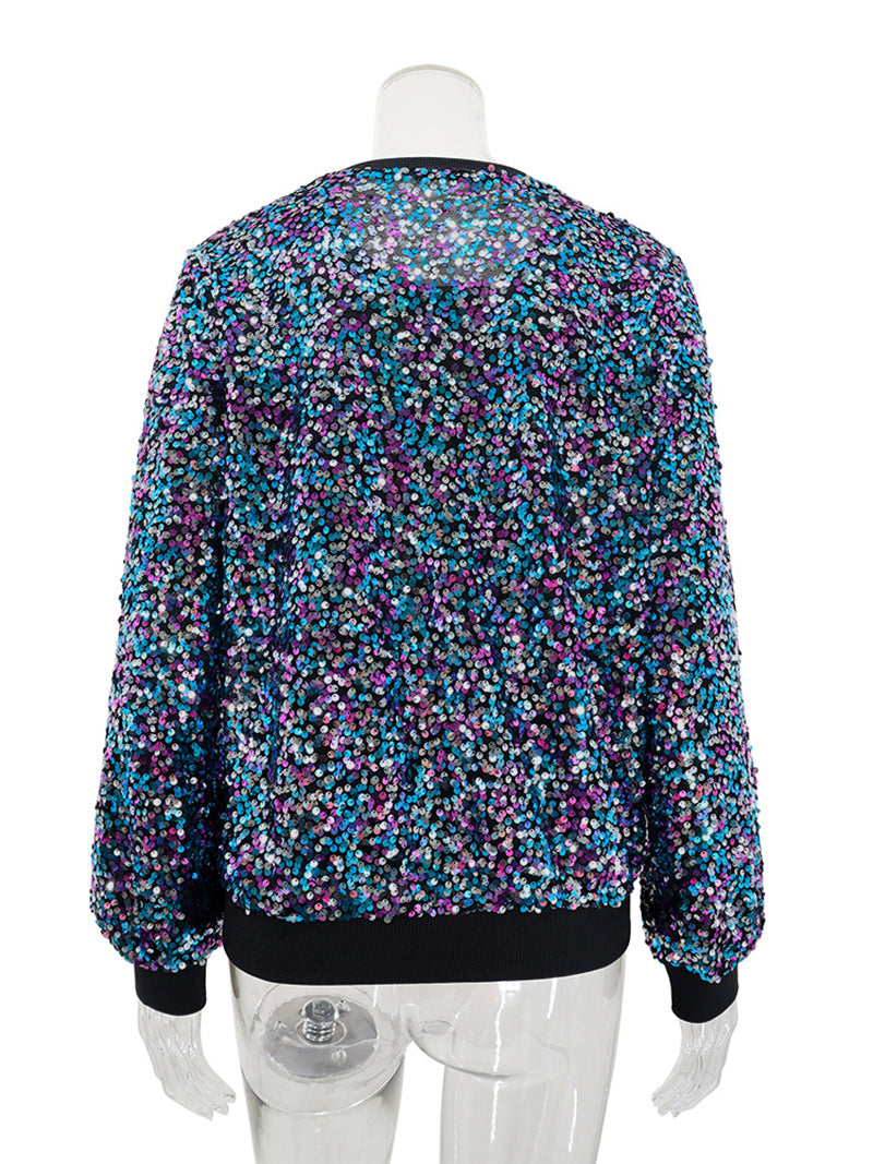 Rainbow Sequin Round Neck Pullover Top