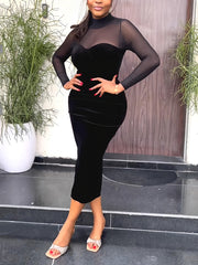 Velvet O Neck Mesh Patchwork Slim Midi Dress