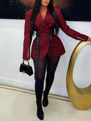 Fashion Notched Collar Patchwork Belt Blazer